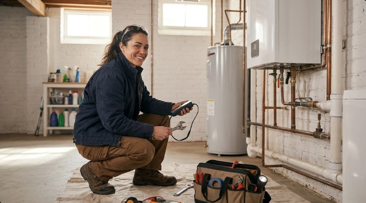 Plumbing technician utilizing digital pressure testing meter to verify black iron gas piping connections in utility basement