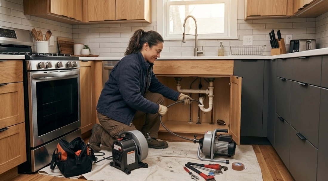 Plumbing technician clearing kitchen sink drain line using motorized commercial drain snake equipment
