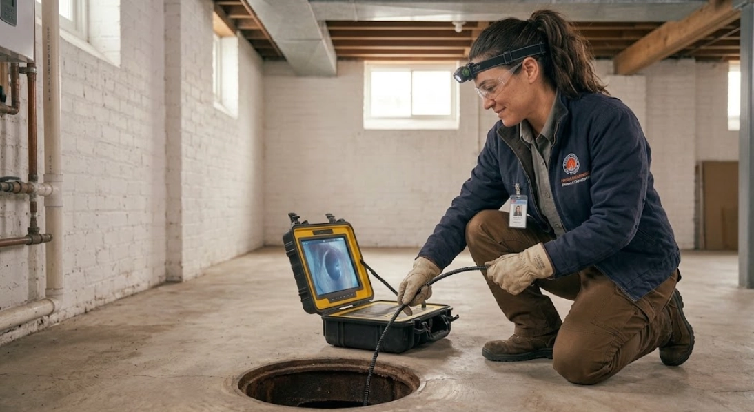 Licensed plumber operating digital sewer inspection camera monitor in basement to locate pipe defect