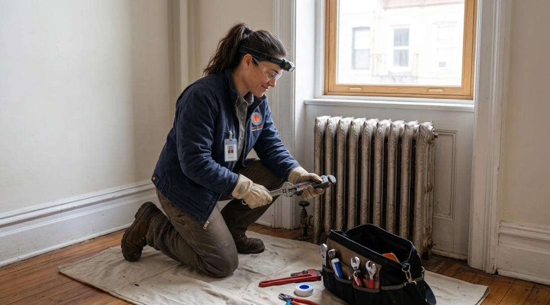 Plumbing technician utilizing heavy-duty pipe wrench to service cast-iron steam radiator shutoff valve in Queens home