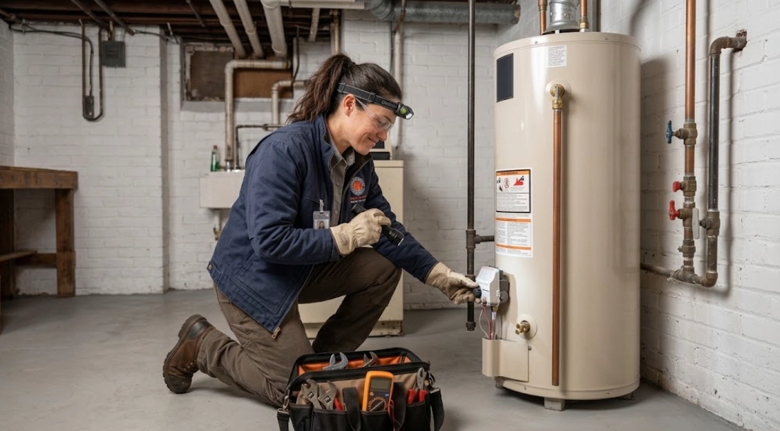 Plumbing technician testing thermostat controls and burner assembly on residential gas water heater in basement